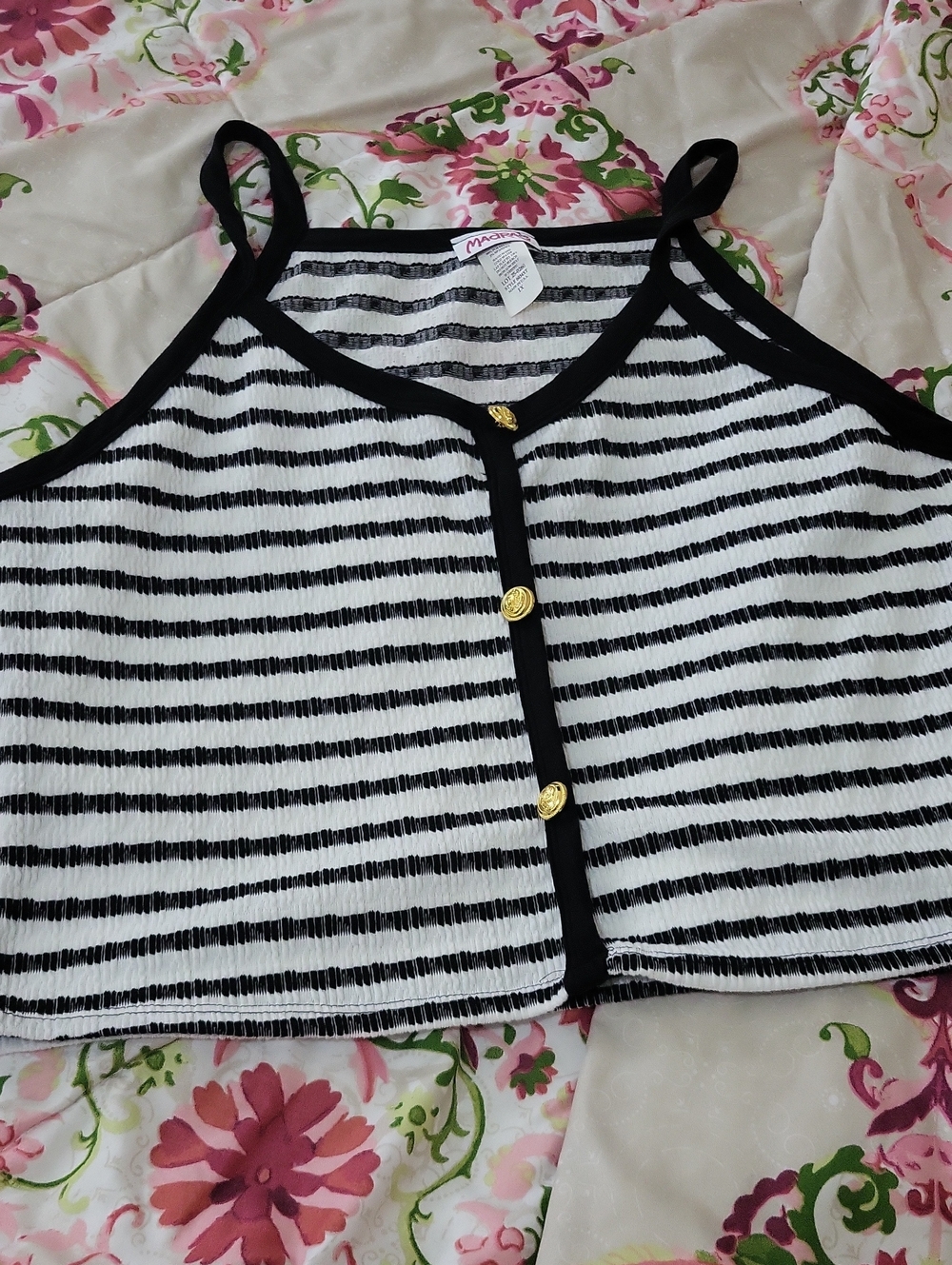Black Trim White & Black Striped Button Tank